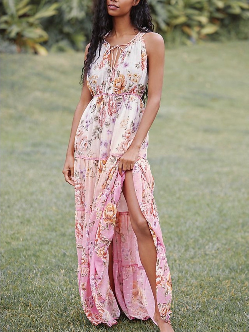 PQ Swim Pink Floral Tie-Neck Maxi Dress Anthropologie